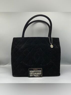 CHANEL Black Quilted Suede Carryall Tote with Gold Charm